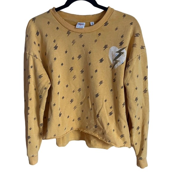 Junk Food Women's Small S Yellow Cropped Sweatshirt Lightning Bolt Print Raw Hem - Picture 11 of 11